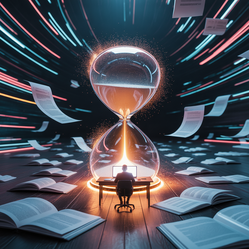 ideogram v3.0 A glowing hourglass exploding into particles of light pages and ideas bursting o 0